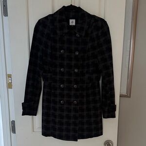 CAbi Black, Gray and Blue Plaid Pea Coat